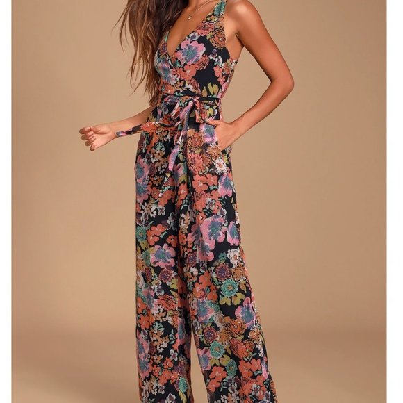 LULU'S Sweetest Romance Black Multi Floral Print Wide Leg Jumpsuit Size XS - Picture 3 of 12